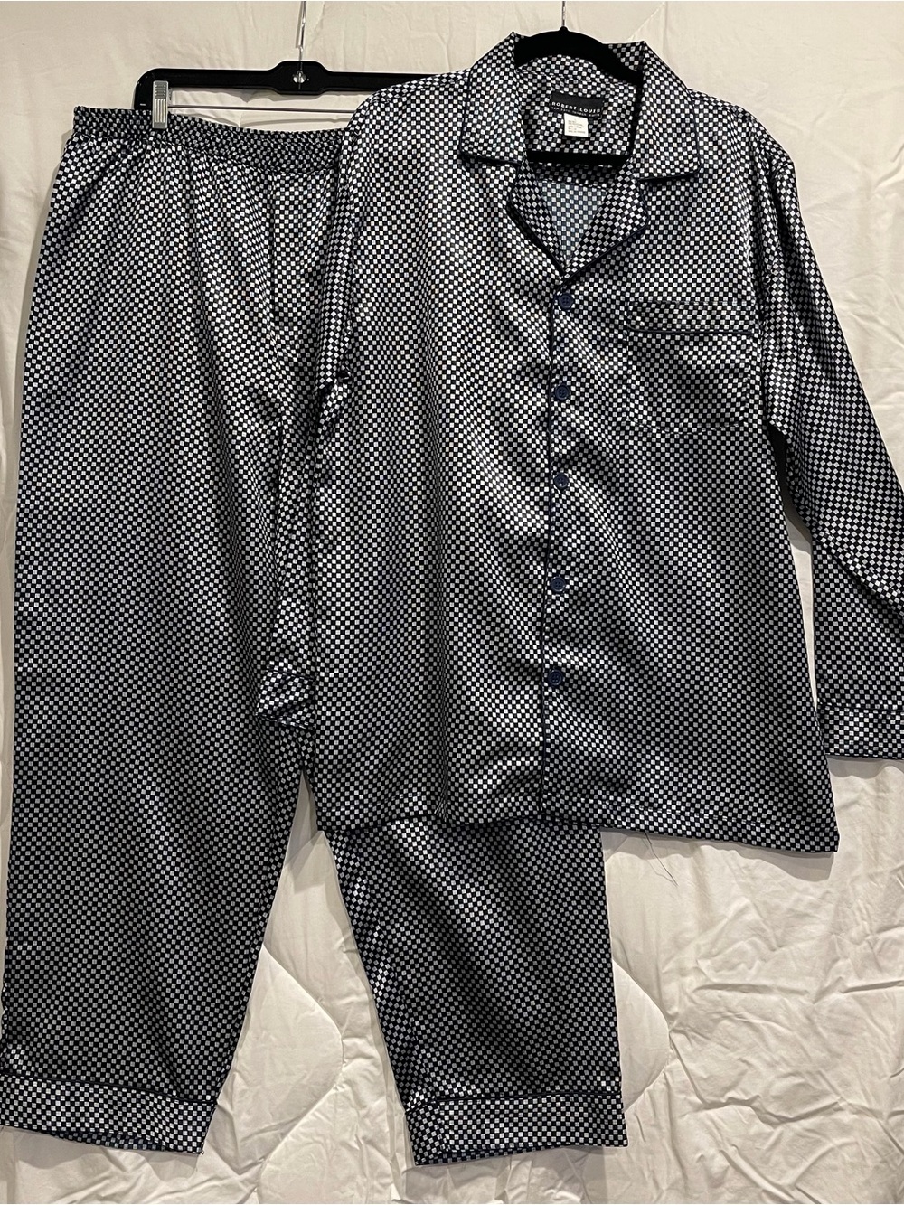 Robert Louis Navy and Silver Large Checkered Silk Blend Men Pajamas Sleep Set